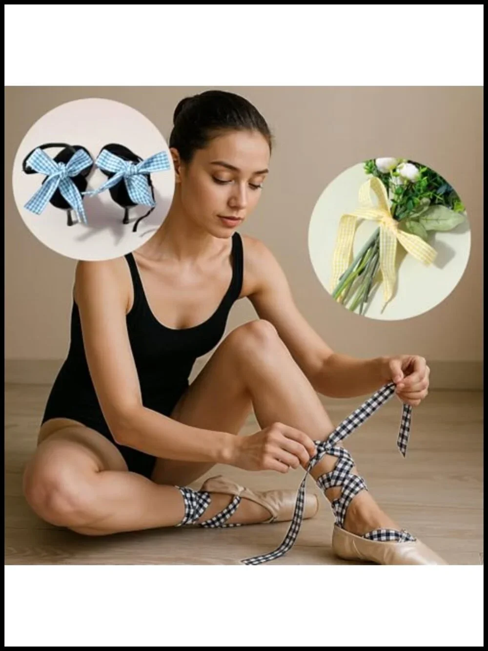 6 Pair Satin Ribbon Shoelaces for Sneakers - Gingham Flat Ballet Shoe Strings